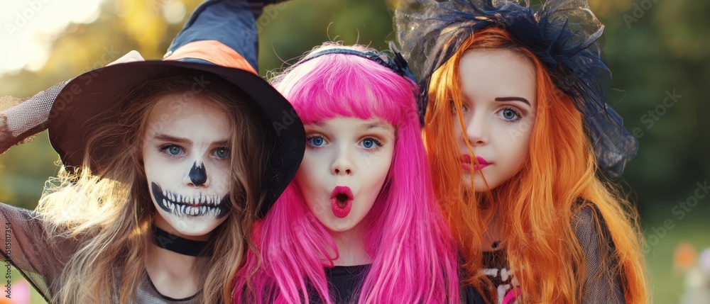 Fototapeta premium The vibrant trio of girls in Halloween costumes with creative makeup.