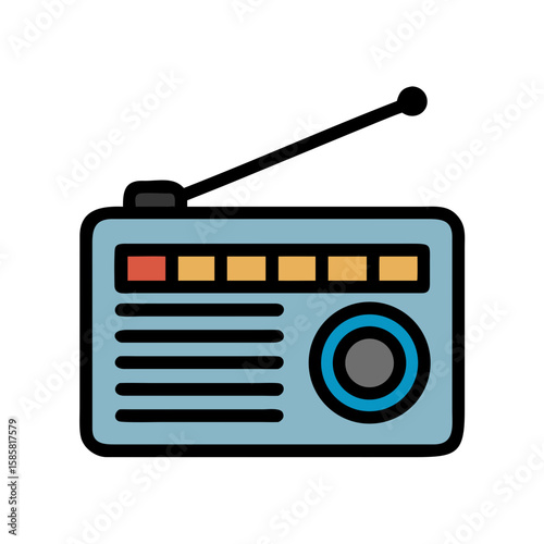 Classic radio graphic, retro mood, colorful design highlighting traditional audio device features
