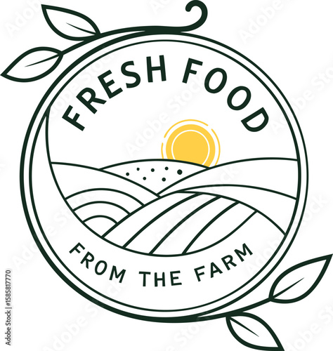 Circular emblem showcasing rolling green hills and a bright yellow sun with the text fresh food from the farm in dark green outline isolated on transparent background