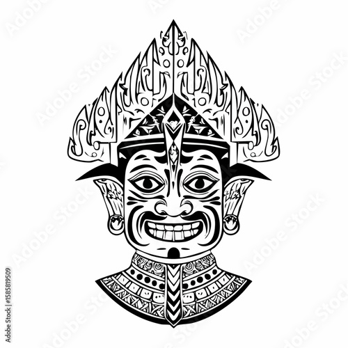 Black and white vector illustration of a house with decorative and festive design elements