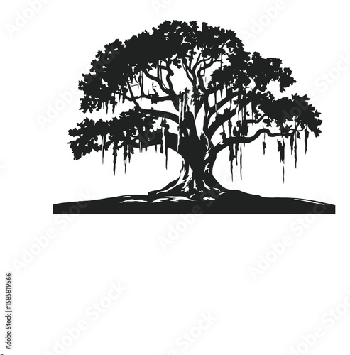 Spanish Moss Hanging from Live Oak Tree Silhouette Vector Illustration
