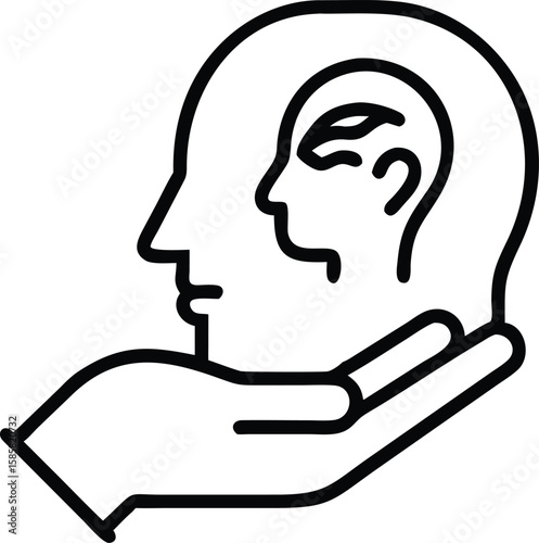 Outline icon of mental health concept with human head inside a hand