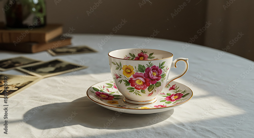 Fototapeta premium Tea cup with floral pattern on white tablecloth, cozy vintage vibe