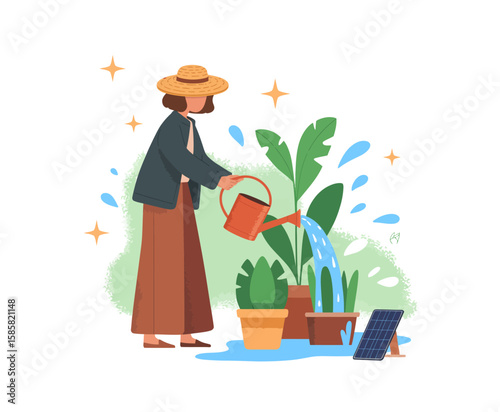 A dedicated gardener tends to potted plants, watering them with care, symbolizing growth, nurturing, and the bond between humans and nature in a serene setting.