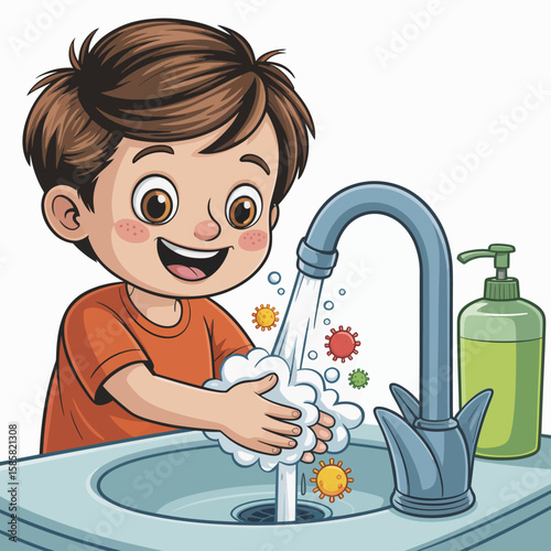 A cheerful boy washes his hands at a sink with a joyful expression, promoting hygiene and health, while showcasing playful engagement with soap and water.