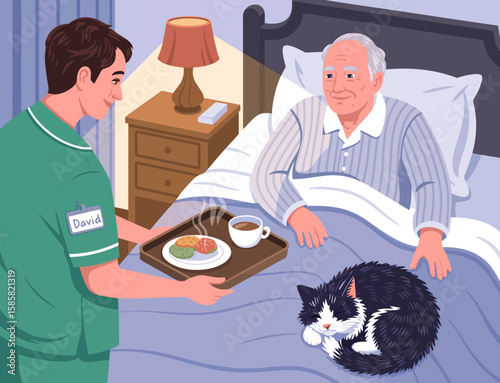 A caregiver named David warmly serves a meal to an elderly man in bed, highlighting the importance of compassionate care in a home-like setting with a family cat.
