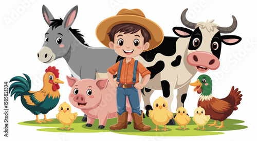 This illustration features a cheerful farmer surrounded by cute farm animals, symbolizing rural life and happiness, conveying warmth and joy in a picturesque countryside setting.