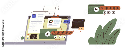 Laptop screen with text, charts, HTML, audio, video, and code snippets. Ideal for web design, coding, content creation learning technology front-end development simple flat metaphor
