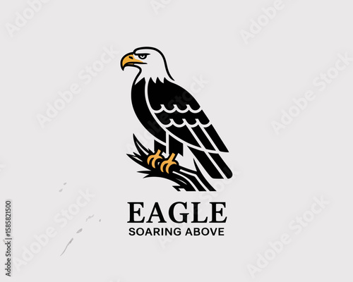 A refined logo of an eagle perched, representing power and majesty, with a striking black and white design, communicating the spirit of freedom in a captivating style.