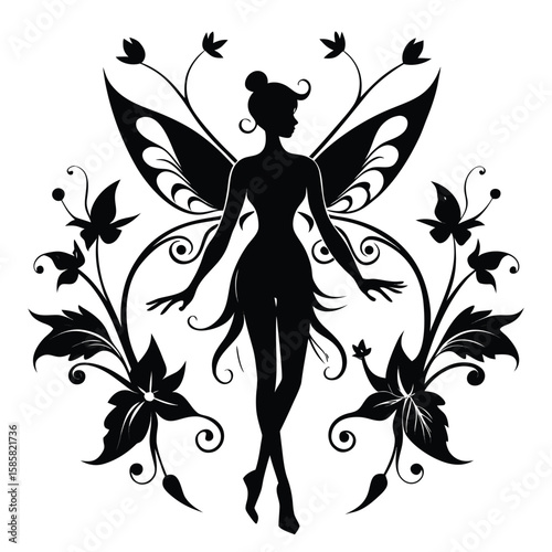 Elegant silhouette of a fairy with intricate butterfly wings and floral embellishments evoking enchantment and whimsy