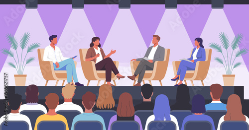 A dynamic panel discussion featuring four speakers engaging with an attentive audience under bright stage lights, fostering insightful dialogue and interaction.