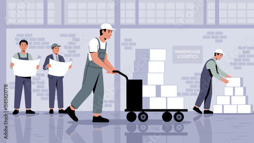In a dynamic warehouse setting, various workers are seen managing logistics tasks, showcasing teamwork and productivity in an organized industrial environment.
