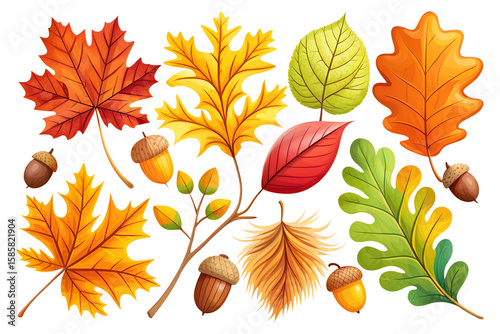 Photo of a collection of colorful autumn leaves and acorns isolated on transparent background