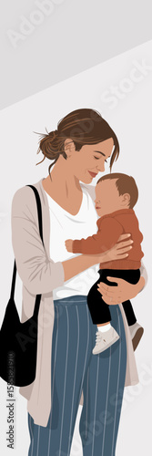 A heartwarming illustration capturing the tender moment between a mother and her baby, embodying love, warmth, and nurturing in a minimalist yet expressive style.