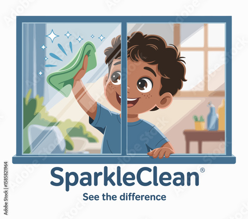 A delightful illustration of a child joyfully cleaning a window, inspiring a sense of cleanliness and happiness, perfect for cleaning service branding or promotional materials.