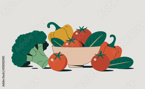 A vibrant illustration of a bowl filled with fresh vegetables like tomatoes, bell peppers, and broccoli, celebrating health, nutrition, and the beauty of natural produce.