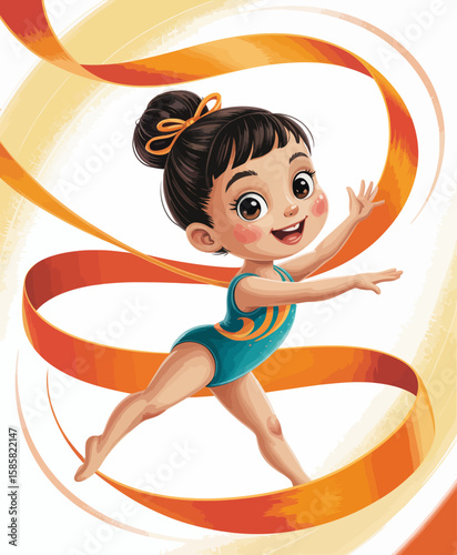 A happy young girl performs gymnastics with vibrant ribbons, showcasing her skills and enthusiasm in a dynamic, colorful manner against a clean white background.