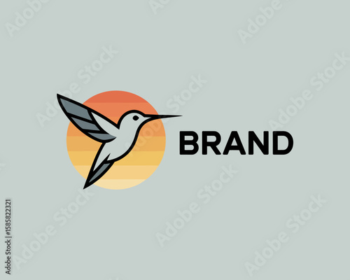 A modern and vibrant logo design featuring a hummingbird in mid-flight, symbolizing agility and beauty, set against a colorful sunset, ideal for branding and marketing.