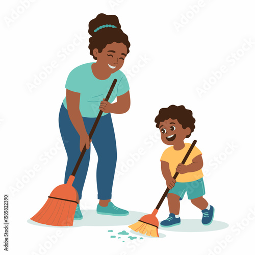 A cheerful mother and child, both smiling, collaborate on cleaning tasks while having fun, portraying the joy of teamwork and family bonding in a home setting.