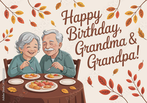A joyful birthday illustration featuring an elderly couple dining together encapsulates warmth and family love, ideal for greeting cards or celebration themes.