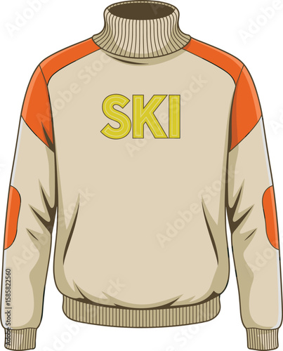 CAD drawing flat vector illustration of ski sweater, retro design, ribbed collar, bold lettering, winter fashion layout, outdoor apparel sketch