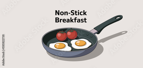 A delicious breakfast illustration featuring eggs and tomatoes cooked in a non-stick frying pan, highlighting a healthy and appetizing morning meal.