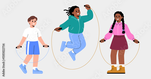 An energetic image capturing children joyfully jumping rope together, showcasing playful interaction, physical activity, friendship, and the essence of childhood fun and vitality.