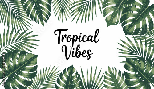 This vibrant illustration highlights a composition of tropical leaves, evoking a sense of relaxation and adventure, perfect for travel, decor, or nature-themed projects.