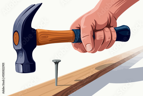 A strong hand grasps a hammer, poised to drive a nail into wood. This action symbolizes craftsmanship, work, and the satisfaction of building.
