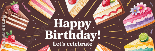 This vibrant illustration showcases an array of delicious birthday cakes surrounded by festive elements, perfect for celebration-themed messages and products.