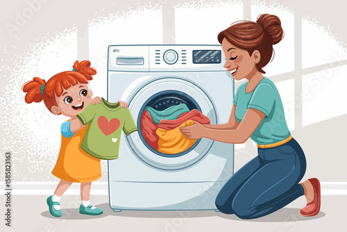 A joyful interaction between a mother and daughter while doing laundry, depicting family bonding and the importance of shared household tasks in a bright setting.