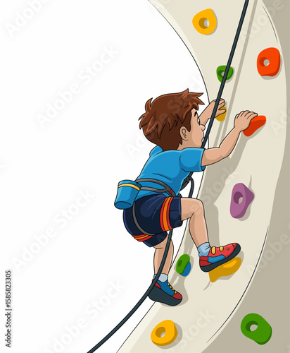 A young boy climbs a colorful rock wall, showcasing excitement and determination as he navigates the climbing route while being securely harnessed for safety.