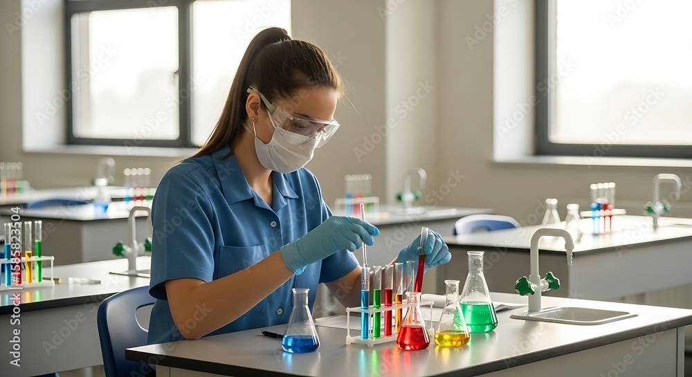 Obraz premium Biology Teacher Mixing Solutions in Classroom