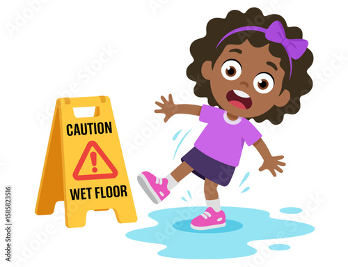 A young girl slips on a wet floor, highlighted by a caution sign warning about the hazard. This moment captures surprise and the importance of safety awareness indoors.