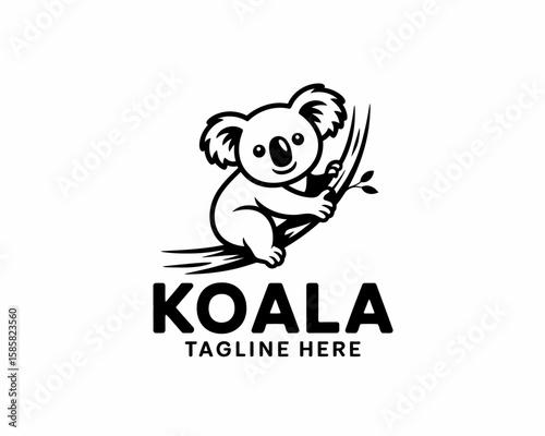 A charming black and white illustration featuring a cute koala perched on a branch, showcasing its playful demeanor against a simplistic background.