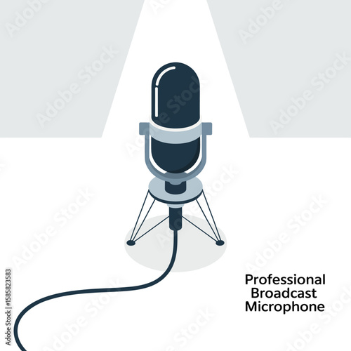 A sleek, professional broadcast microphone stands in a spotlight, representing high-quality audio production, creativity, and the art of communication through sound and media.