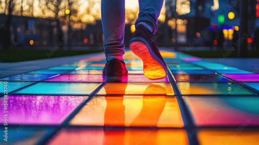 Obraz premium Close-up of legs stepping on vibrant- illuminated glass tiles- creating a dynamic path with a colorful glow- evoking energy and creativity.