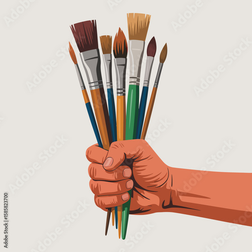 A hand grabs a collection of various paintbrushes, showcasing their sleek designs and vibrant colors, emphasizing creativity and artistic expression in painting.
