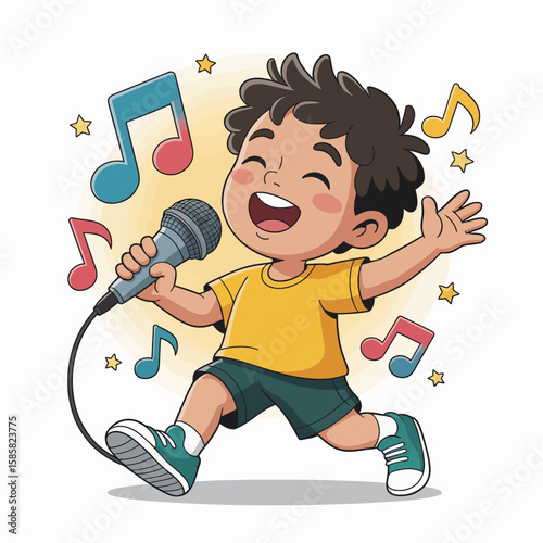 A cheerful child holds a microphone joyfully singing, surrounded by colorful music notes, symbolizing happiness, creativity, and the joy of music in childhood moments.
