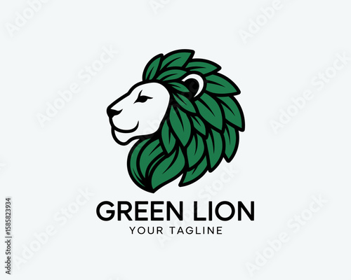 A unique logo of a lion adorned with green leaves, symbolizing vitality and strength while showcasing a creative representation of nature's essence in a modern design.