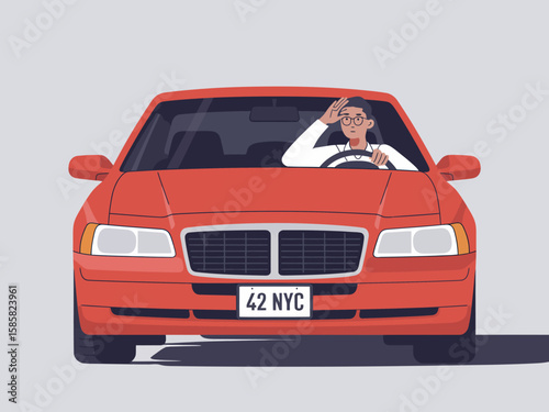 A contemporary illustration of a stylish driver in a red car, signifying urban mobility and enjoying the journey, perfect for showcasing modern city life and adventure.