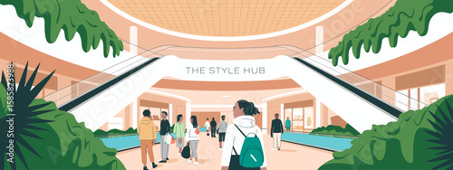 A modern shopping center featuring a stylish hub, vibrant greenery, and visitors exploring the spacious area, emphasizing contemporary design and leisure.