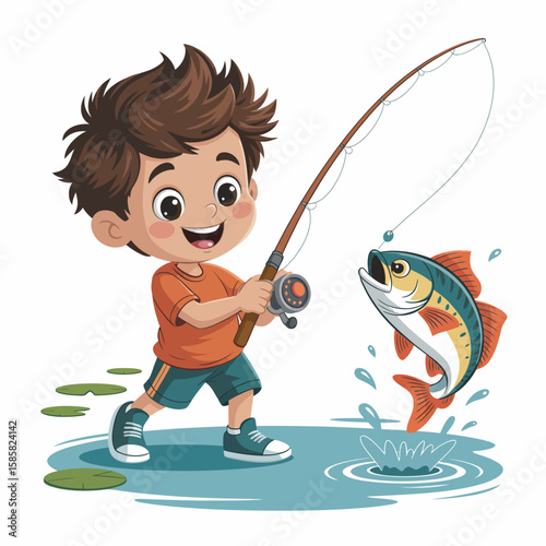 A joyful boy catches a colorful fish while fishing by a serene pond, capturing the essence of childhood joy and the thrill of outdoor adventures.
