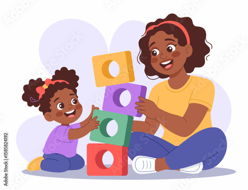 A warm and affectionate scene of a mother and her young daughter joyfully building a tower with colorful blocks, emphasizing bonding and playful learning.
