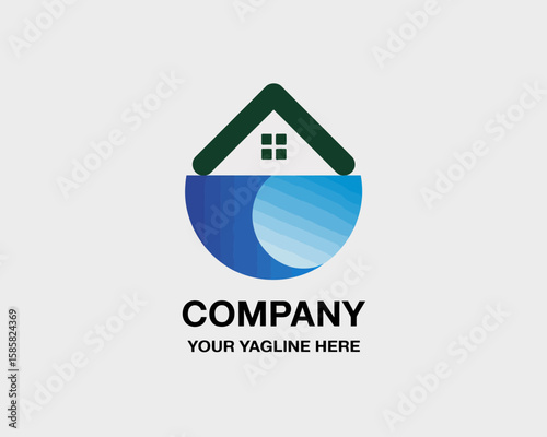 This logo design incorporates a house shape with water elements, symbolizing comfort and security, making it perfect for real estate or home services branding.