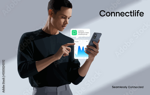 A contemporary scene showing a stylish individual engaging with a smartphone that displays health data, symbolizing the integration of technology and lifestyle in modern living.