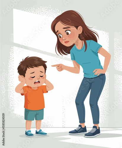 This illustration shows a concerned mother expressing her care while talking to her child, emphasizing emotions of frustration and guidance in parenting dynamics.
