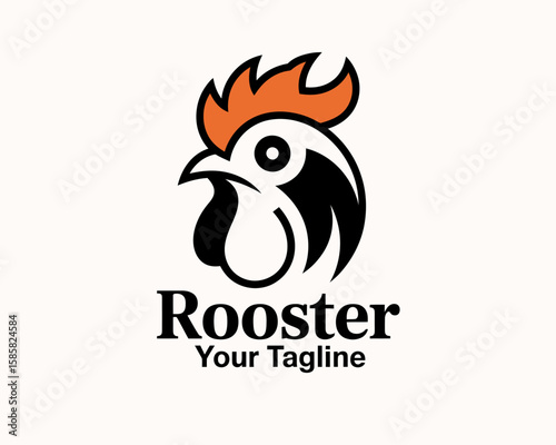 A modern logo design featuring a rooster with a fiery crown, representing boldness and creativity, perfect for food, farm, or branding applications.