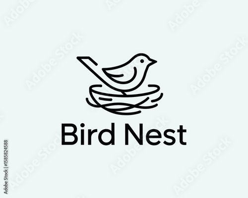 An elegant black and white logo featuring a bird and its nest symbolizes creativity, nurturing, and protection, perfect for brands focused on nature or community.