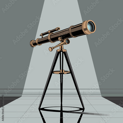A vintage-style telescope sitting on a sleek stand, illuminated under a spotlight, showcasing its intricate design and craftsmanship perfect for a star-gazing adventure.
